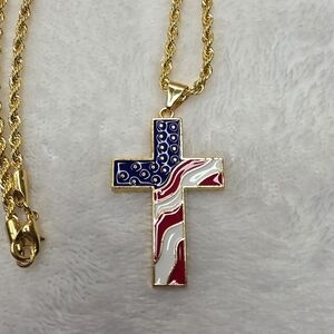 Patriotic Gold Cross Pendant Necklace Stainess Steel